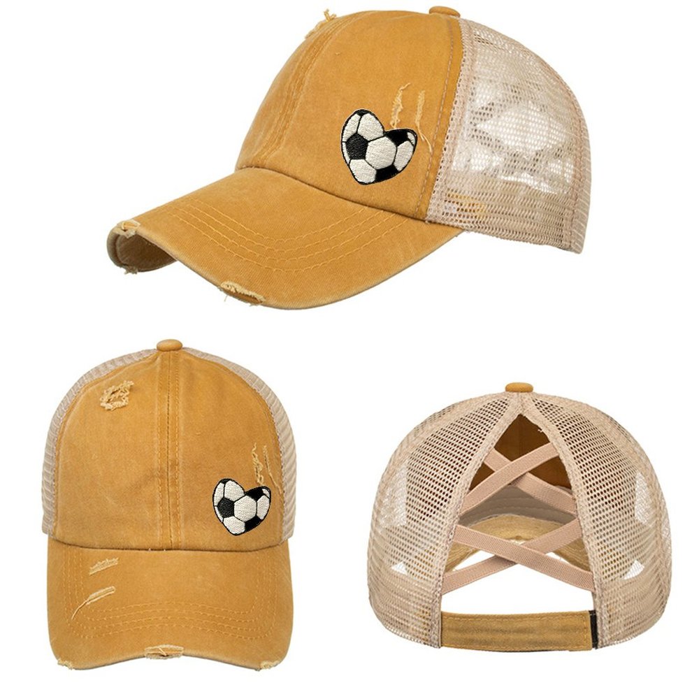 NEW Embroidered Soccer Heart Yellow Gold Distressed High Ponytail Trucker Hat